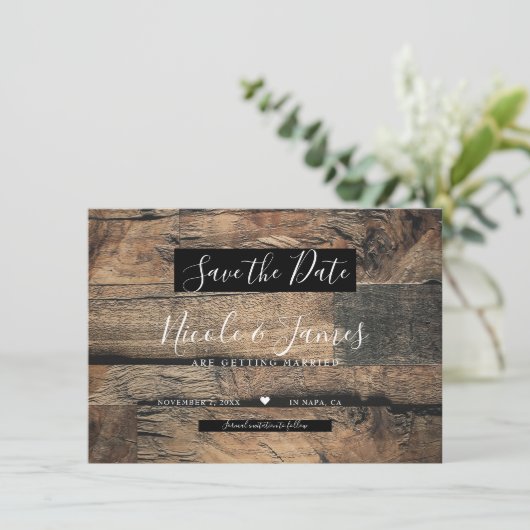 Invitation Brown Rustic Vieux Bois Mariage Enregistrer la dat (Debout devant)