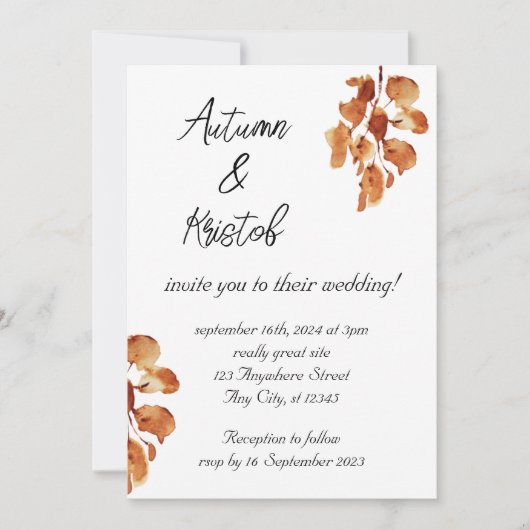 Invitation Brown Rustique Aquarelle Automne Fleurs Mariage Da (Devant)