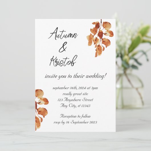 Invitation Brown Rustique Aquarelle Automne Fleurs Mariage Da (Debout devant)