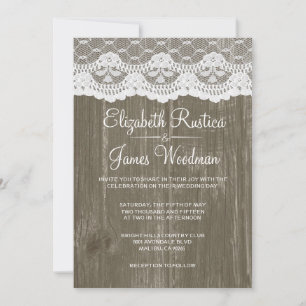 Invitation Brown Rustique dentelle et grange mariage en bois 