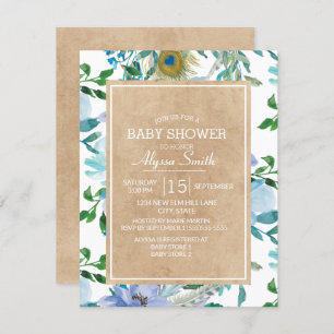 Invitation Brown Rustique Kraft Bleu Baby shower Floral Blanc