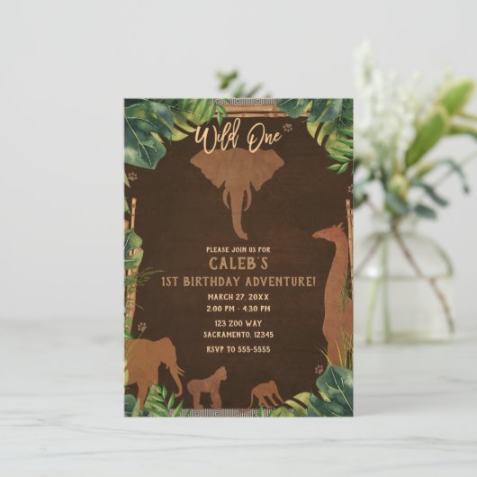 Invitation Brown Safari Jungle Zoo Animaux WILD ONE 1ère Part (Debout devant)