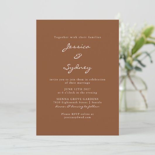 Invitation Brown Sienna Script Mariage tout en un RSVP (Debout devant)