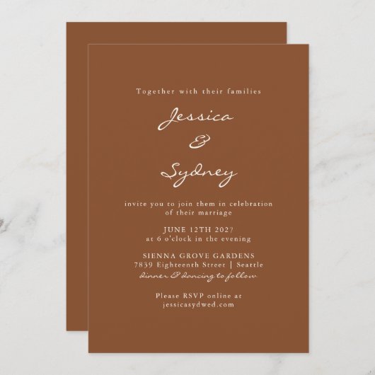 Invitation Brown Sienna Script Mariage tout en un RSVP (Devant / Derrière)