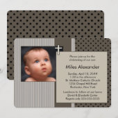 Invitation Brown Stripe Boys Photo Christening (Devant / Derrière)