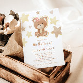 Invitation Brown Teddy Baptême fille ours
