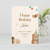 Invitation Brown Teddy Bear Birthday Invitation,Cute Neutral  (Debout devant)