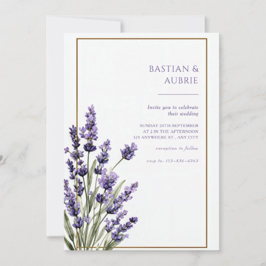Invitation Brown Thin Frame Purple Lavender Sprig Wedding (Devant)