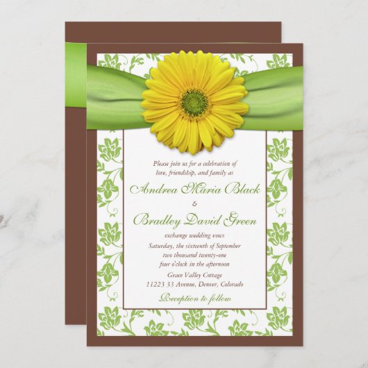 Invitation Brown, verte, Mariage damassé Jaune (Devant / Derrière)