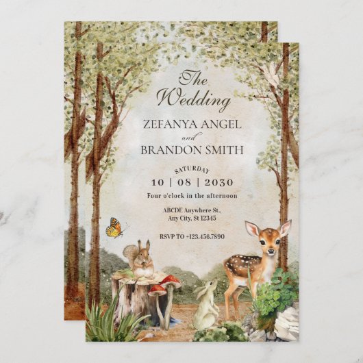 INVITATION BROWN VIE SAUVAGE EN BOIS VERT MARIAGE NATURE (Devant / Derrière)