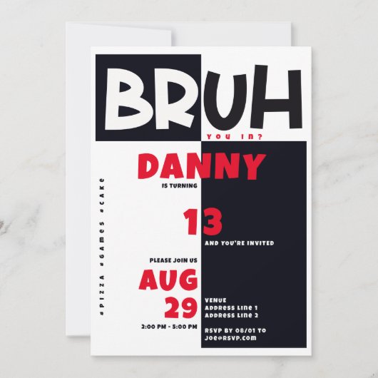 Invitation Bruh Ado Tween adolescents Bold Black Boy Annivers (Devant)