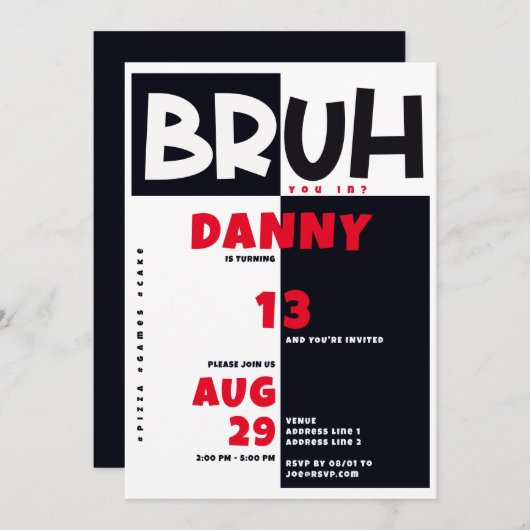 Invitation Bruh Ado Tween adolescents Bold Black Boy Annivers (Devant / Derrière)