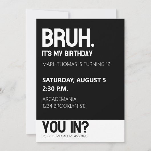 INVITATION BRUH ANNIVERSAIRE ADO GARÇON BLACK WHITE (Devant)