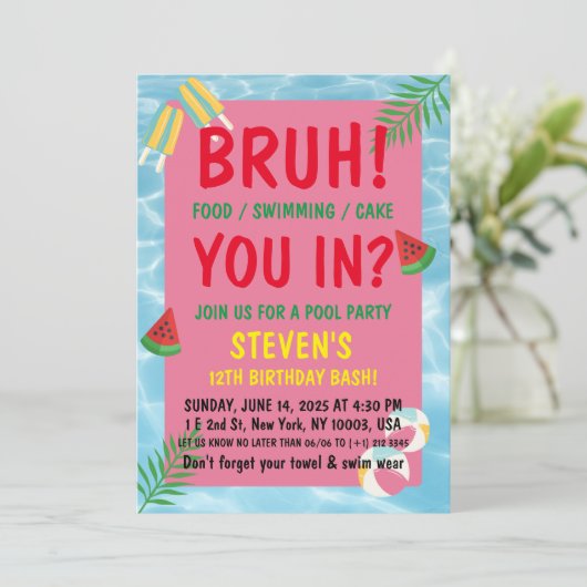 Invitation bruh anniversaire Pool bash (Debout devant)