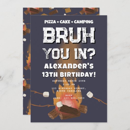 Invitation Bruh Boy Birthday Party Teenager Campfire Camping (Devant / Derrière)