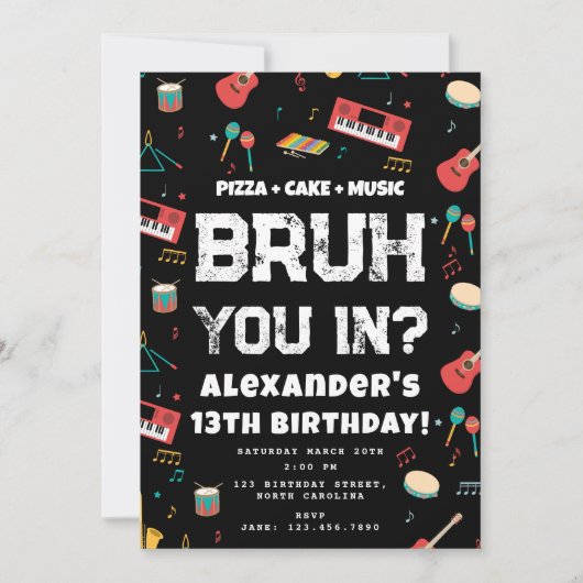 Invitation Bruh Boy's Birthday Party Teenager Music Band (Devant)