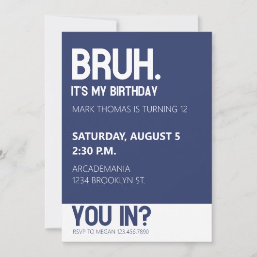 Invitation BRUH FÊTE D'ANNIVERSAIRE ADO GARÇON BLUE Minimalis (Devant)
