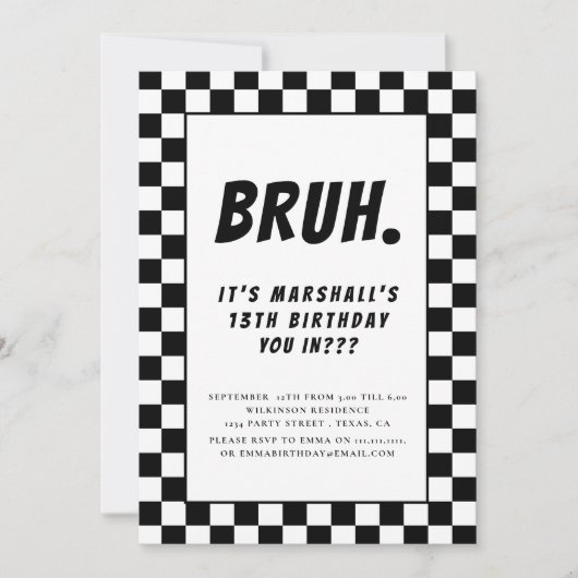 Invitation Bruh moderne noir et blanc damier garçons annivers (Devant)