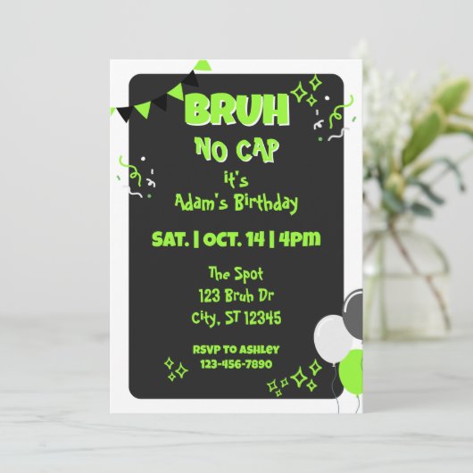 Invitation Bruh No Cap, Black & Green Birthday (Debout devant)
