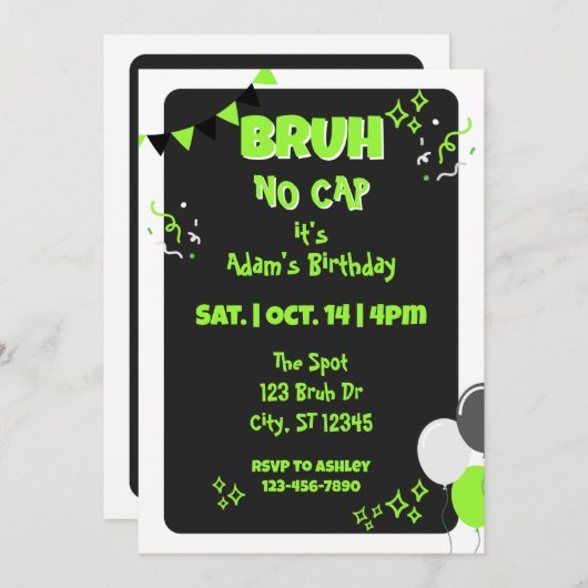 Invitation Bruh No Cap, Black & Green Birthday (Devant / Derrière)
