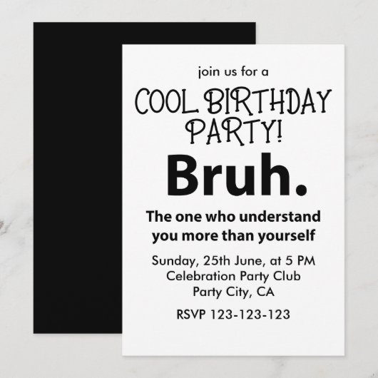 Invitation Bruh Typographie Anniversaire Garçon Adolescent Br (Devant / Derrière)