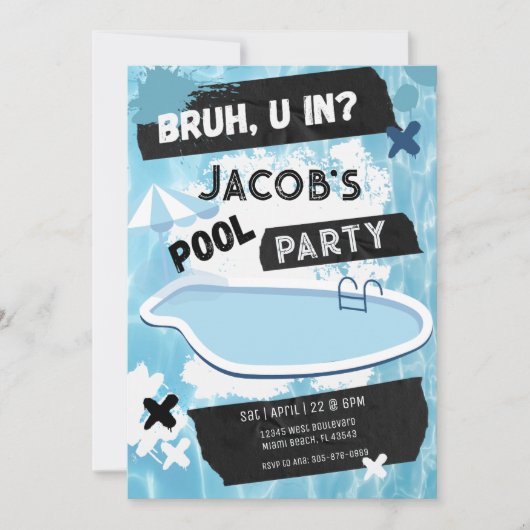 Invitation Bruh You In Pool Party Ado Garçon Anniversaire (Devant)