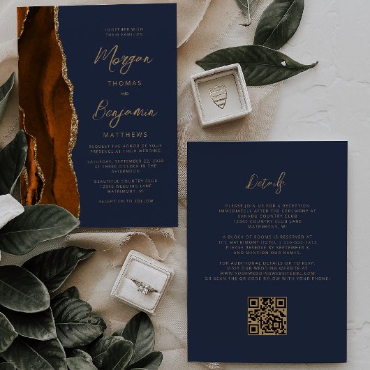 Invitation Brûlé orange Agate Marine bleu QR Code Mariage
