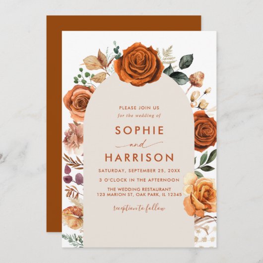 Invitation Brûlé Orange Arch Floral Rouille Mariage Tout en u (Devant / Derrière)