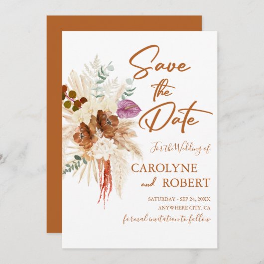 Invitation Brûlé Orange Bohême Pampas Grass Enregistrer La Da (Devant / Derrière)