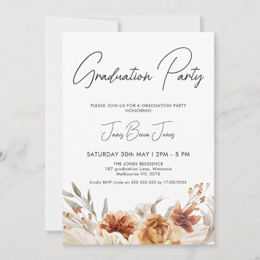 Invitation Brûlé Orange Boho Floral Graduation Party (Devant)
