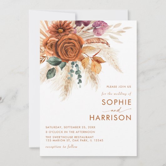 Invitation ?Brûlé Orange Boho Pampas Mariage en herbe tout en (Devant)