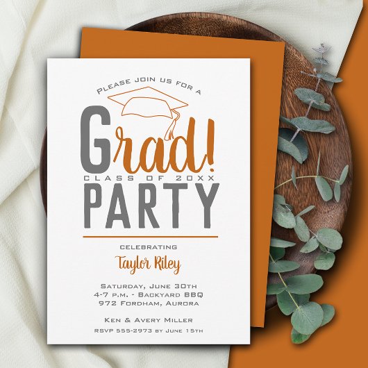 Invitation Brûlé Orange et Grey Graduation Party