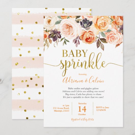 Invitation Brûlé Orange Floral Baby Sprinkle Shower Invitatia (Devant / Derrière)