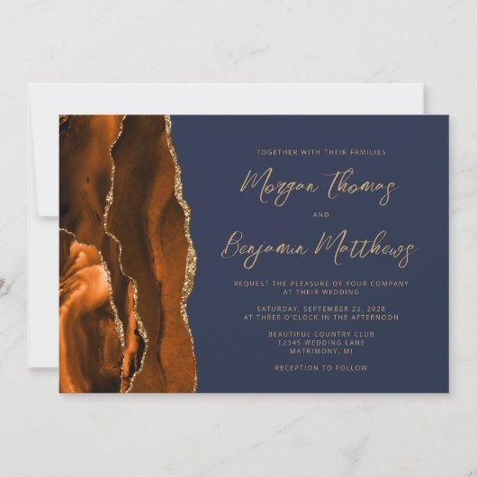 Invitation Brûlé Orange Gold Agate Marine Mariage de script b (Devant)