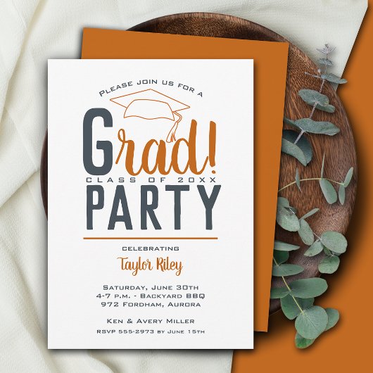Invitation Brûlé Orange gris foncé fête de graduation