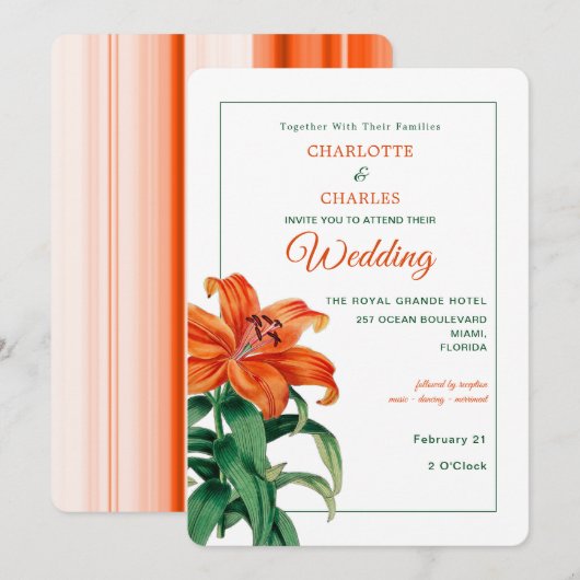 Invitation Brûlé Orange Lily Mariage floral élégant (Devant / Derrière)