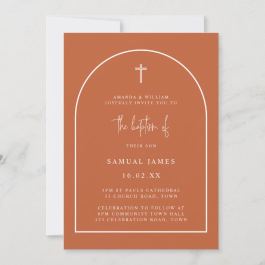 Invitation Brûlé Orange Moderne Script Arc Baptême minimalist (Devant)
