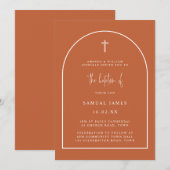 Invitation Brûlé Orange Moderne Script Arc Baptême minimalist (Devant / Derrière)