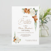 Invitation Brûlé Orange Rose Blanche Floral Anniversaire Brun (Debout devant)