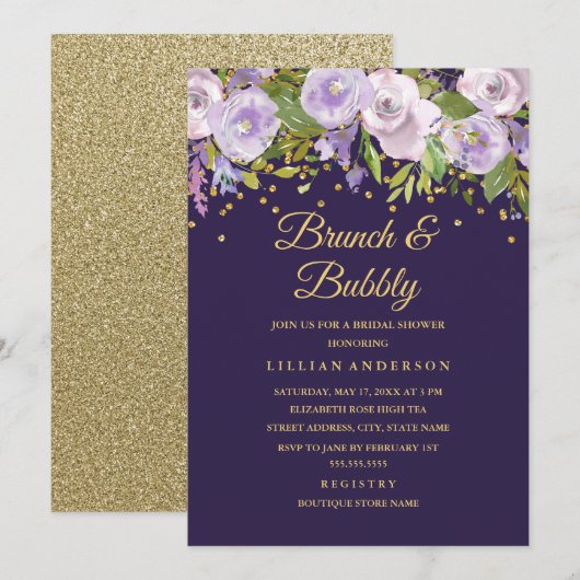 Invitation Brûler Floral Purple Or Brunch Et Bubbly (Devant / Derrière)