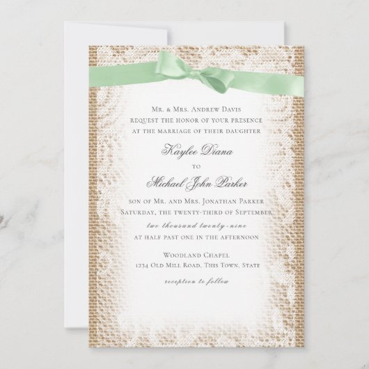 Invitation Brûlons de menthe verte et dentelle blanche (Devant)