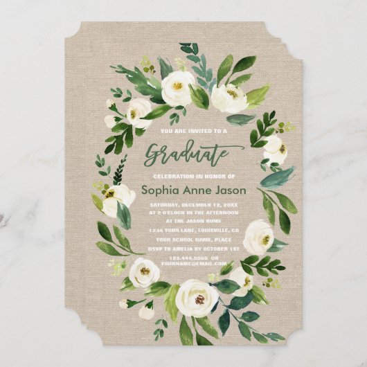 Invitation Brûlure de couronne de fleurs blanches Écriture ma (Devant / Derrière)