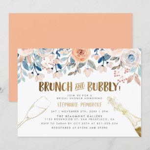 Invitation Brûlure et fleurs bleues Brunch et bulle en or