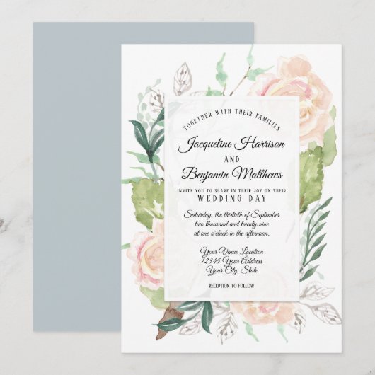 Invitation Brume pâle Élégante aquarelle fleurs rose ivoire (Devant / Derrière)