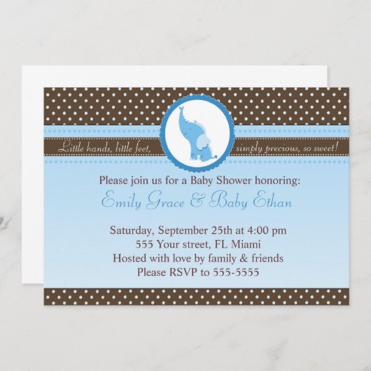 Invitation Brun bleu de douche de bébé d'invitation (Devant / Derrière)