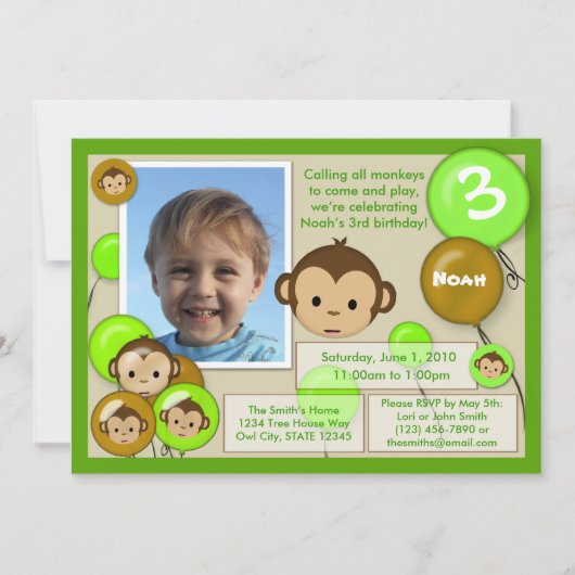 Invitation Brun de vert d'invitation d'anniversaire de singe (Devant)