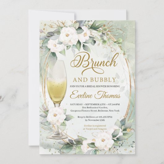 Invitation Brun en or de verre de champagne de roses blanches (Devant)