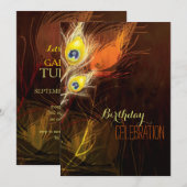 Invitation Brun + Fête d'anniversaire de plumes de paon d'or (Devant / Derrière)