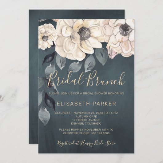 Invitation Brun nuptial fleurs blanches script douche nuptial (Devant / Derrière)
