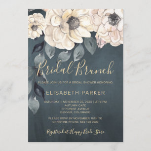 Invitation Brun nuptial fleurs blanches script douche nuptial